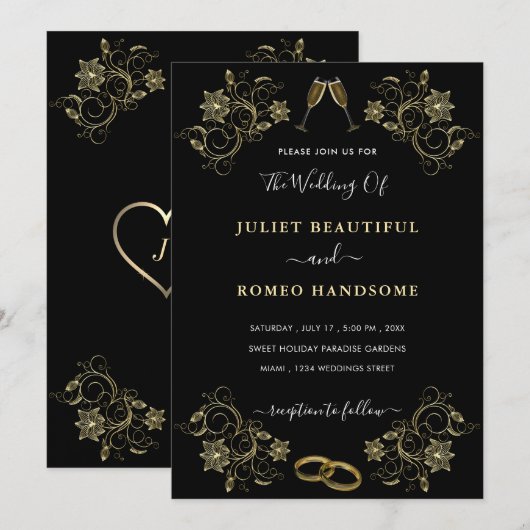 Floral Gold on Black Wedding Invitations Example ノートカード (正面/裏面)