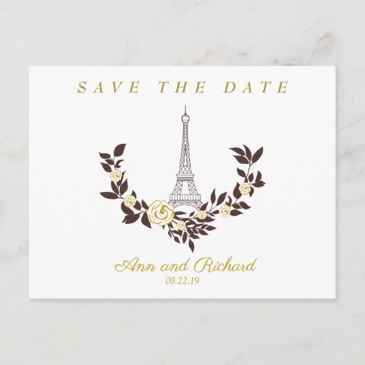 Floral Gold Parisian Wedding Design 案内ポストカード (正面)