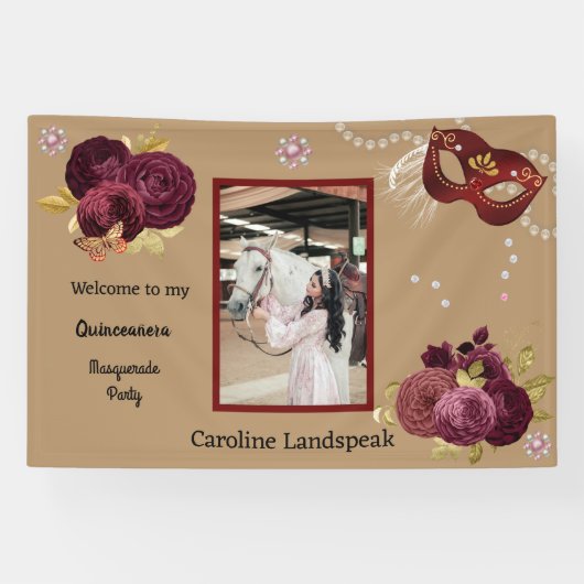 Floral Gold Red Quinceañera Masquerade & Photo 横断幕 (横)