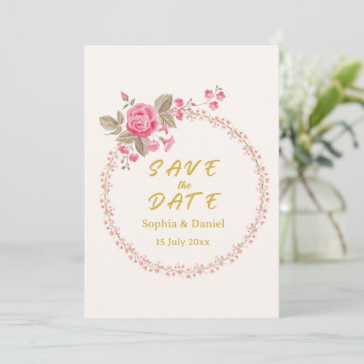 Floral Gold Save the Date Card (スタンド正面)