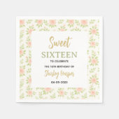 Floral Gold Script Sweet Sixteen Birthday スタンダードカクテルナプキン (正面)