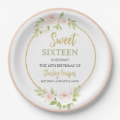 Floral Gold Script Sweet Sixteen Birthday  ペーパープレート (正面)