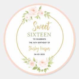 Floral Gold Script Sweet Sixteen Birthday  ラウンドシール