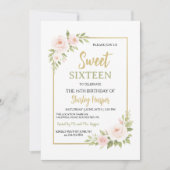 Floral Gold Script Sweet Sixteen Birthday  招待状 (正面)