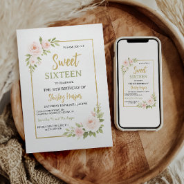Floral Gold Script Sweet Sixteen Birthday  招待状