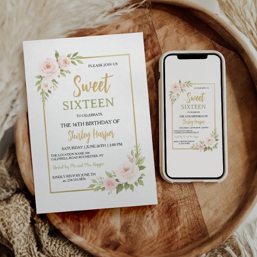 Floral Gold Script Sweet Sixteen Birthday  招待状