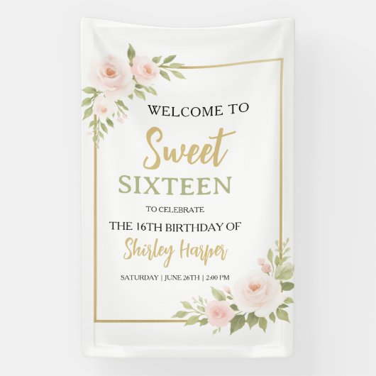 Floral Gold Script Sweet Sixteen Birthday  横断幕 (縦)