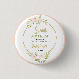 Floral Gold Script Sweet Sixteen Birthday  缶バッジ