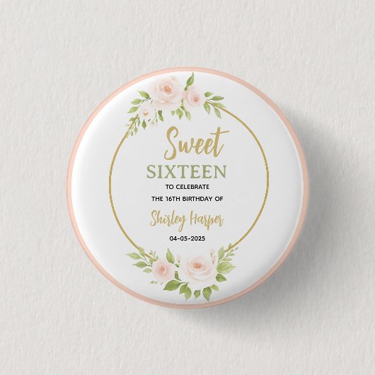 Floral Gold Script Sweet Sixteen Birthday  缶バッジ (正面)