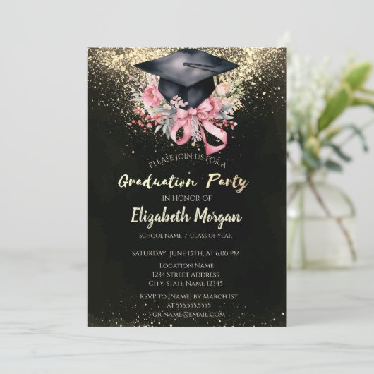 Floral Grad Cap, Bow Confetti Graduation Party 招待状 (スタンド正面)
