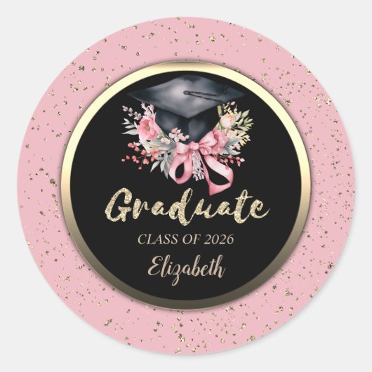 Floral Grad Cap Pink Bow Confetti   ラウンドシール (正面)