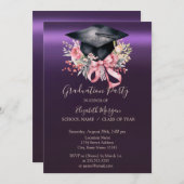 Floral Graduation Cap,Bow Purple Graduation 招待状 (正面/裏面)