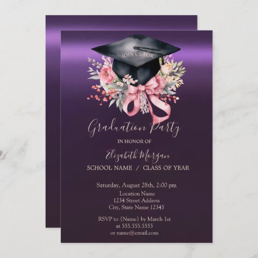 Floral Graduation Cap,Bow Purple Graduation  招待状 (正面/裏面)