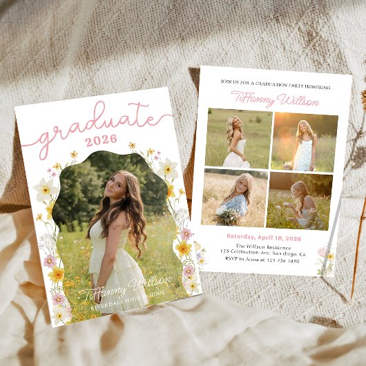 Floral Graduation Party Photo Invitation 招待状