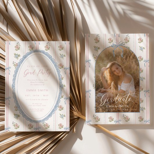 Floral Graduation Photo Announcement Card Blue Bow 招待状