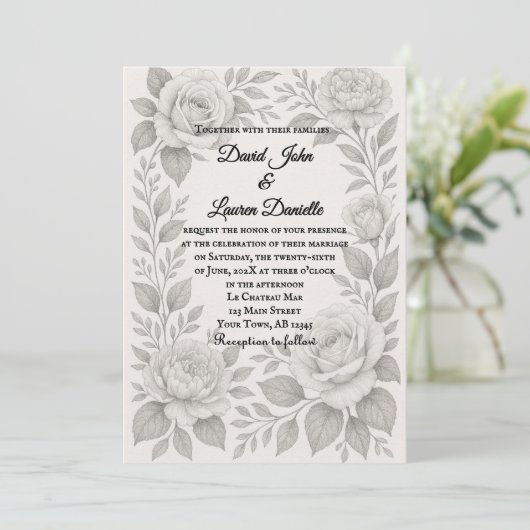 Floral Graphite Photo Wedding Invitation 招待状 (スタンド正面)