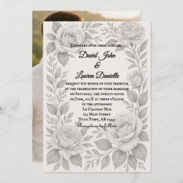 Floral Graphite Photo Wedding Invitation 招待状