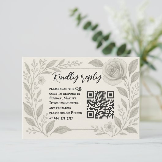 Floral Graphite QR Code Wedding RSVP Card (スタンド正面)
