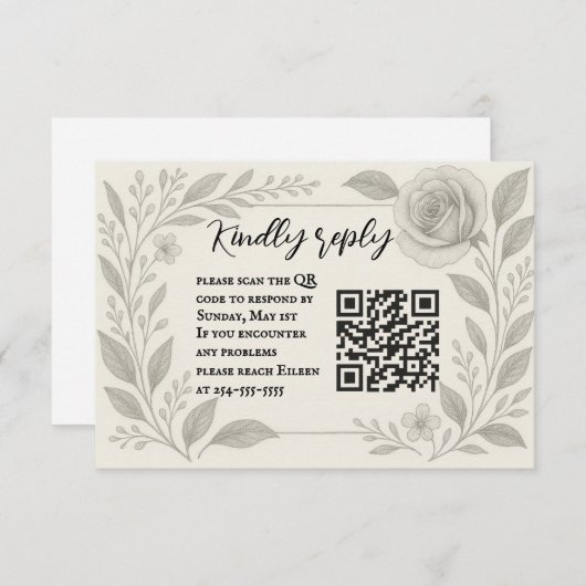 Floral Graphite QR Code Wedding RSVP Card (正面/裏面)