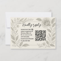 Floral Graphite QR Code Wedding RSVP Card