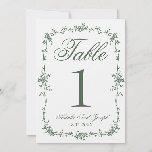 Floral Green Botanical Wedding Table Number 招待状 (正面)