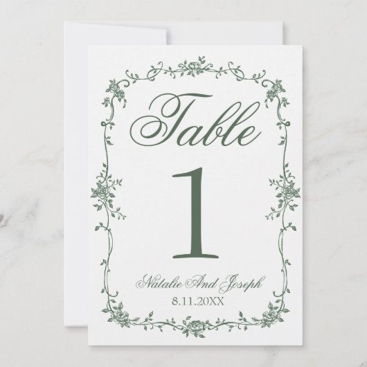 Floral Green Botanical Wedding Table Number 招待状 (裏面)