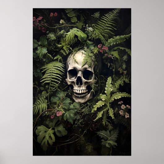 Floral Green Fern Skull Portrait Print, Dark ポスター (正面)