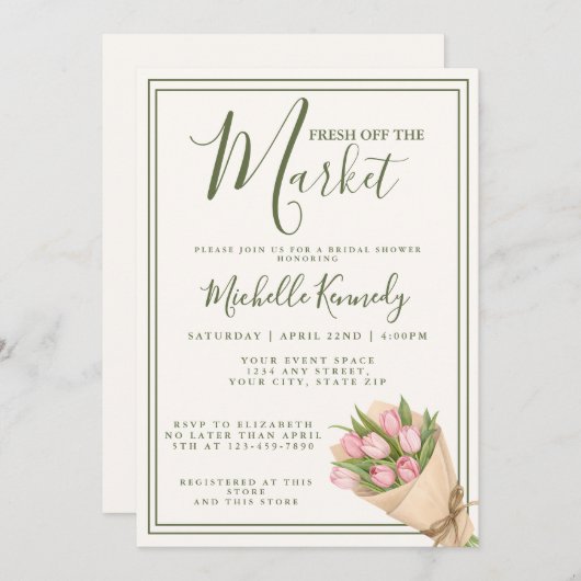 Floral Green Fresh Off The Market Bridal Shower  招待状 (正面/裏面)