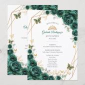 Floral Green Gold Quinceanera Order of Events プログラム (正面/裏面)