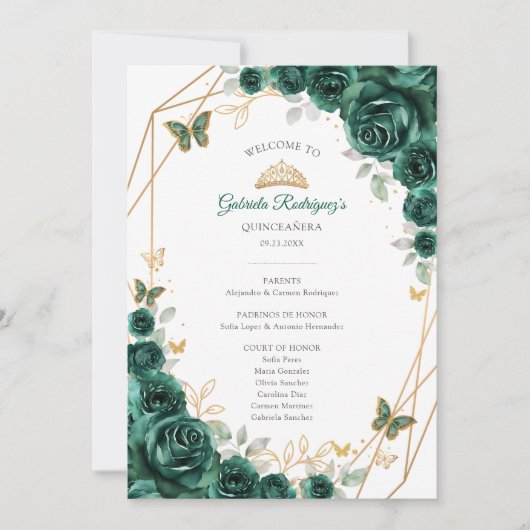 Floral Green Quinceanera Order of Events Program 招待状 (正面)