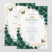 Floral Green Quinceanera Order of Events Program 招待状 (正面/裏面)
