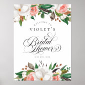 Floral Green White Pink Bridal Shower Welcome Sign ポスター (正面)