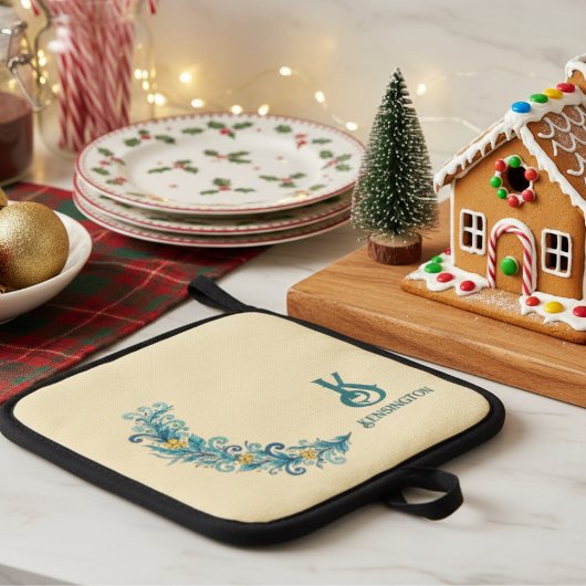 Floral Greenery Blue Yellow Oven Mitt 鍋敷き