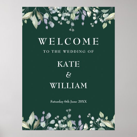 Floral Greenery Emerald Wedding Welcome Sign ポスター (正面)