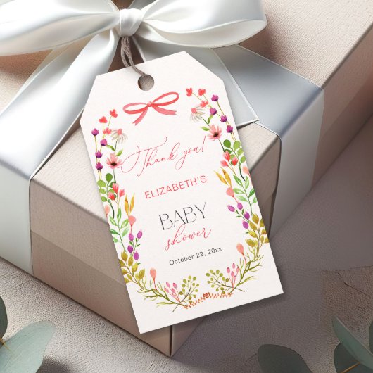 Floral Greenery Pink Bow Rustic Baby Shower ギフトタグ