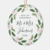 Floral Greenery Wreath Our First Christmas セラミックオーナメント (左)