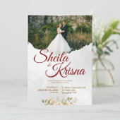 Floral Grey Maroon Elegance Wedding with Photo 招待状 (スタンド正面)