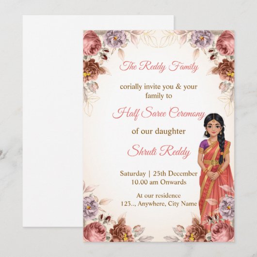 Floral Half Saree Ceremony Invitation 招待状 (正面/裏面)