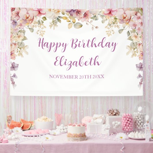 Floral Happy Birthday orchids backdrop banner 横断幕 (パーティー)