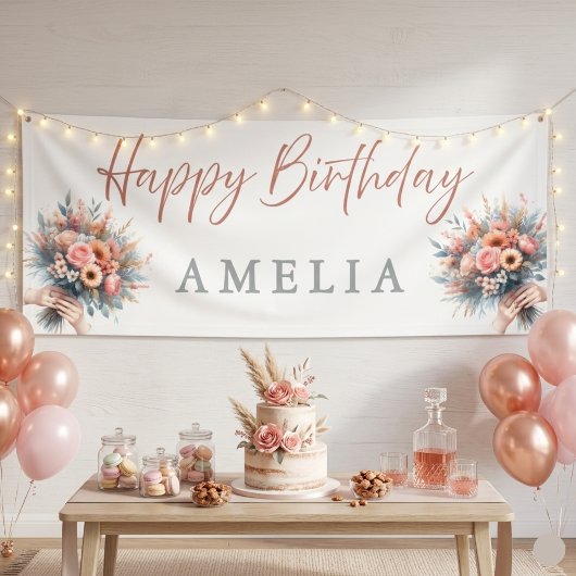 Floral Happy Birthday Personalized Party Banner Si 横断幕