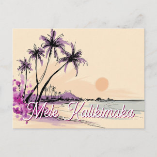 Floral Hawaii Drawing Mele Kalikimaka シーズンポストカード