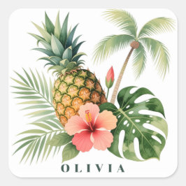 Floral Hawaii Pineapple & Hibiscus Summer Name スクエアシール