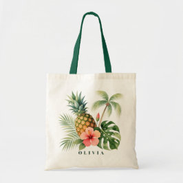 Floral Hawaii Pineapple & Hibiscus Summer Name トートバッグ