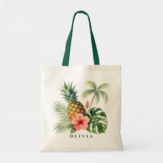 Floral Hawaii Pineapple & Hibiscus Summer Name トートバッグ (正面)