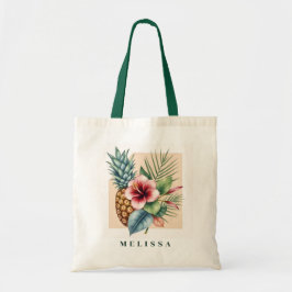 Floral Hawaii Pineapple & Hibiscus Summer Name トートバッグ
