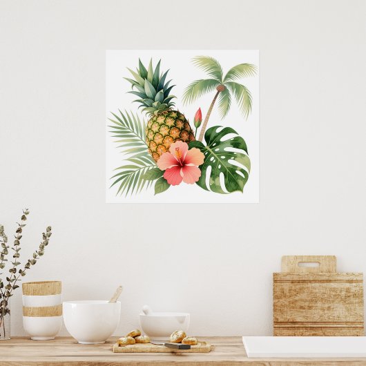 Floral Hawaii Pineapple & Hibiscus Summer Name ポスター (キッチン)