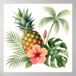 Floral Hawaii Pineapple & Hibiscus Summer Name ポスター