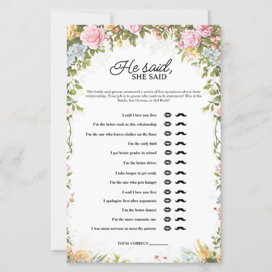 Floral He Said She Said Bridal Shower Game (正面)