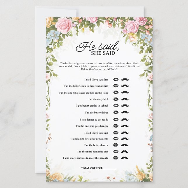 Floral He Said She Said Bridal Shower Game (正面)