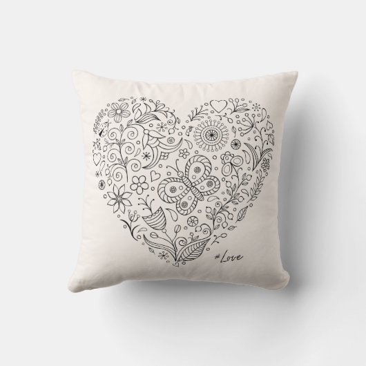 Floral Heart Doodle Romantic Botanical Line Art クッション (裏面)